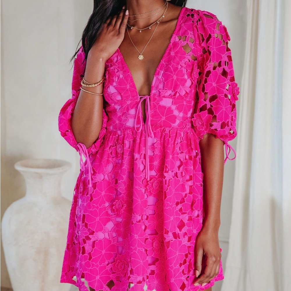 Influencer fave Hot Pink Lace Crochet Mini Dress - Picture 3 of 10